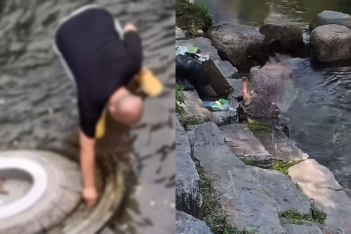 청계천에 들어가 동전을 줍고있는 사람의 모습. 오른쪽은 문제의 청계천 때밀이 장면. SNS 캡처