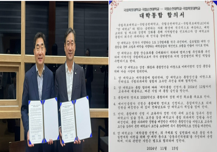 순천대와 목포대가 2024년 11월 16일 '통합대학·의대 설립'에 합의했다. 순천대 제공 