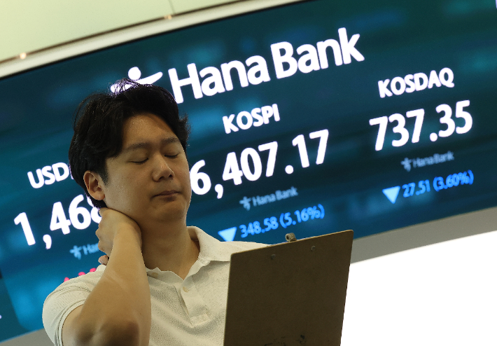 코스피가 28일 미국 반도체주의 급락 등의 여파에 장 초반 5% 넘게 하락하며 매도 사이드카가 발동됐다.      이날 서울 중구 하나은행 본점 딜링룸 전광판에 원/달러 환율, 코스피, 코스닥이 표시돼 있다. 연합뉴스