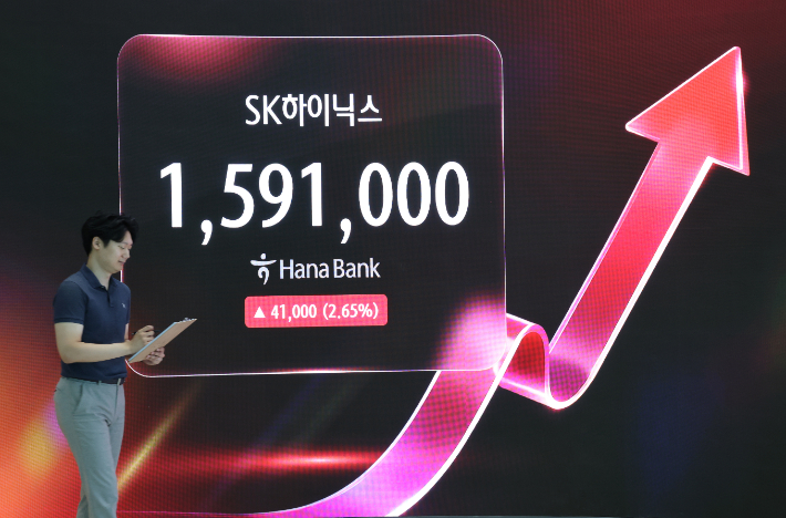 29일 서울 하나은행 본점 딜링룸에 SK하이닉스 주가가 표시되고 있다. 연합뉴스