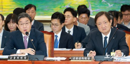 이억원 금융위원장과 이찬진 금융감독원장이 29일 서울 여의도 국회에서 열린 정무위원회 전체회의에서 의원들의 질의에 답하고 있다.