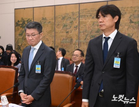 정몽규(왼쪽) 전 대한축구협회장과 홍명보 전 축구 국가대표팀 감독이 30일 서울 여의도 국회에서 열린 문화체육관광위원회의 대한축구협회 현안 관련 청문회에 출석하고 있다. 국회사진기자단