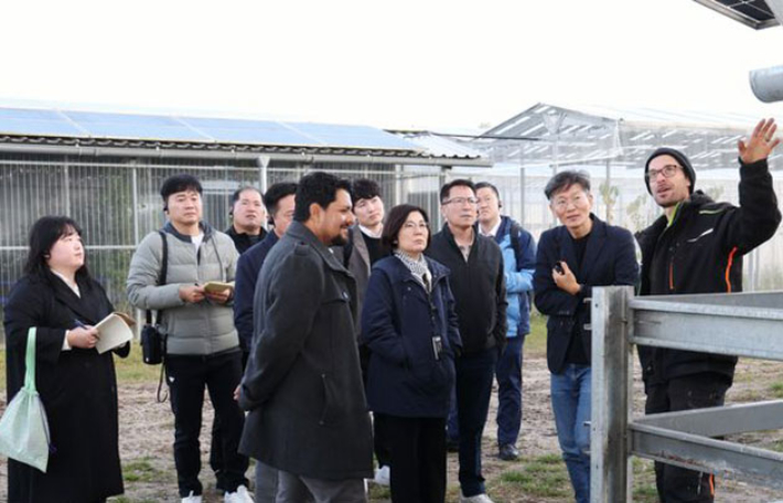 김보라 안성시장이 영농형 태양광 연구단지를 둘러보고 있다. 안성시 제공