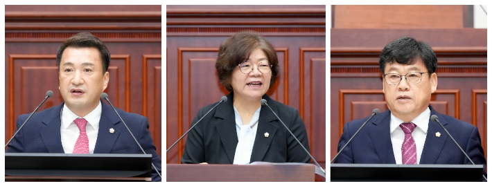 최재필(왼쪽부터) 이강희 최진열 의원이 5분자유발언을 하고 있다. 경주시의회 제공