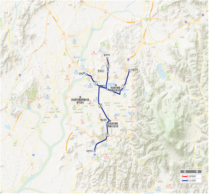  제2차 간선급행버스체계(BRT) 종합계획(광주권역) 노선도. 전남광주통합특별시 제공