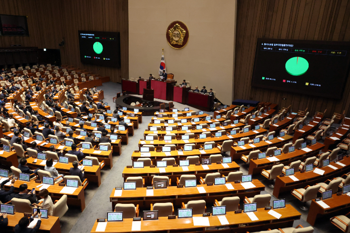 31일 서울 여의도 국회 본회의에서 형사소송법 일부개정법률안(대안)이 재석 178인, 찬성 175인, 반대 2인, 기권 1인으로 가결되고 있다. 윤창원 기자