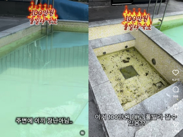 3일 온라인 커뮤니티 등을 중심으로 녹조와 이끼가 가득한 수영장 등 한 풀빌라의 위생상태를 폭로한 영상이 빠르게 확산했다. SNS 캡처