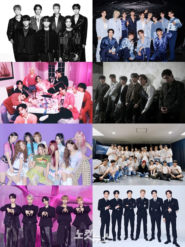 앨범 판매량 1천만 장 이상을 넘긴 K팝 아이돌 그룹. 맨 윗줄 왼쪽부터 방탄소년단, 세븐틴. 두 번째 줄 왼쪽부터 스트레이 키즈, 엑소. 세 번째 줄 왼쪽부터 트와이스, NCT. 네 번째 줄 왼쪽부터 투모로우바이투게더, 엔하이픈. 각 소속사 제공
