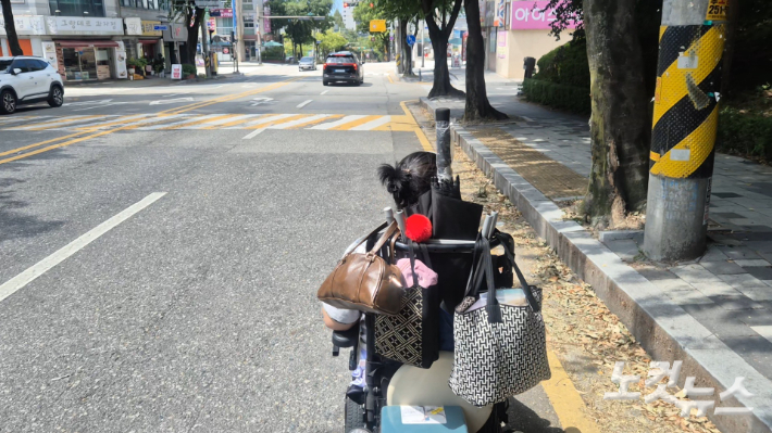 울퉁불퉁한 인도는 휠체어 장애인에게 스트레스다. 전미영씨는 그늘이 있는 인도를 피해 햇볕을 고스란히 받는 차도로 달릴 수 밖에 없다고 말했다. 심동훈 기자 