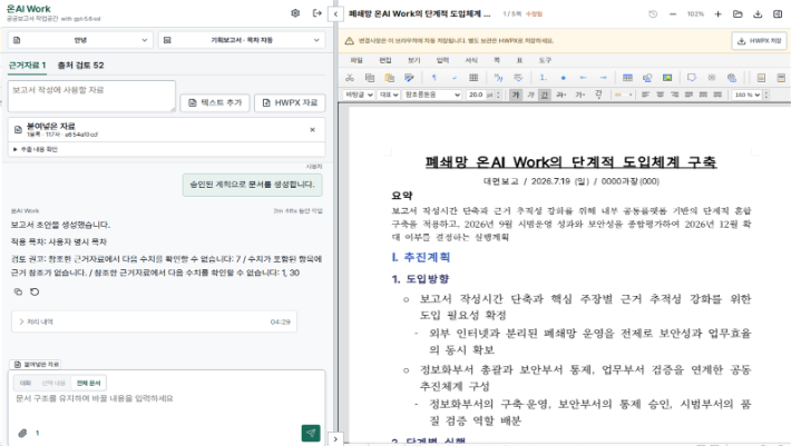 공무원이 제작한 '온AI Work'의 근거·참고 자료를 활용한 보고서 생성 및 한글 형식(HWPX) 편집 모드. 행정안전부 제공