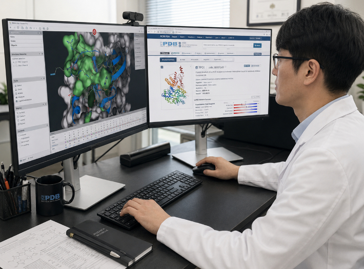 경기도경제과학진흥원 바이오산업본부 구진모박사가 비만치료제 후보물질 개발을 위해 인공지능 분자설계 기술을 활용하여 치료제를 설계하는 모습. 경기도경제과학진흥원 제공