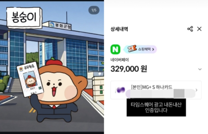 '봉숭이'는 봉화군 농특산물을 알리는 지역 캐릭터로, 온라인 계정을 만들어 누리꾼들과 소통하고 있다. 오른쪽은 봉숭이 주무관의 광고 결제 내역. 인스타그램 @bonsoongi 캡처