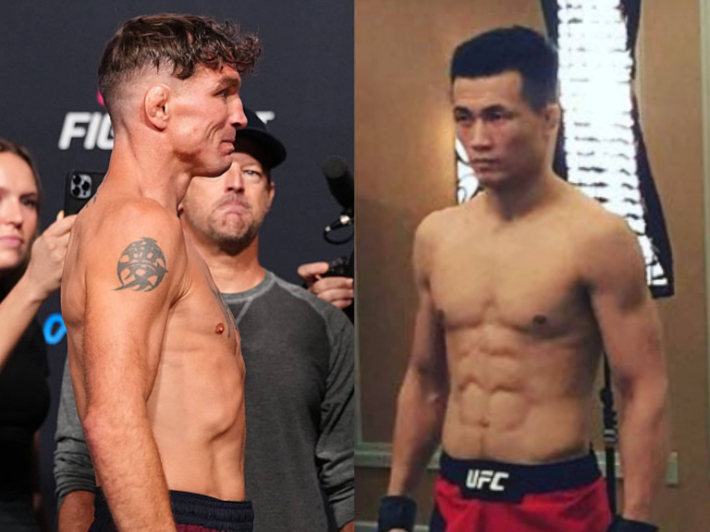대런 엘킨스(사진 왼쪽)와 정찬성. UFC 제공·정찬성 SNS 게시물 캡처