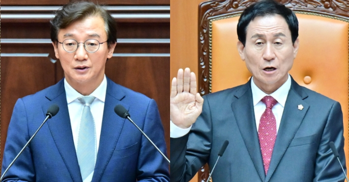 전재수 부산시장(왼쪽)과 강무길 부산시의회 의장(오른쪽). 부산시의회 제공