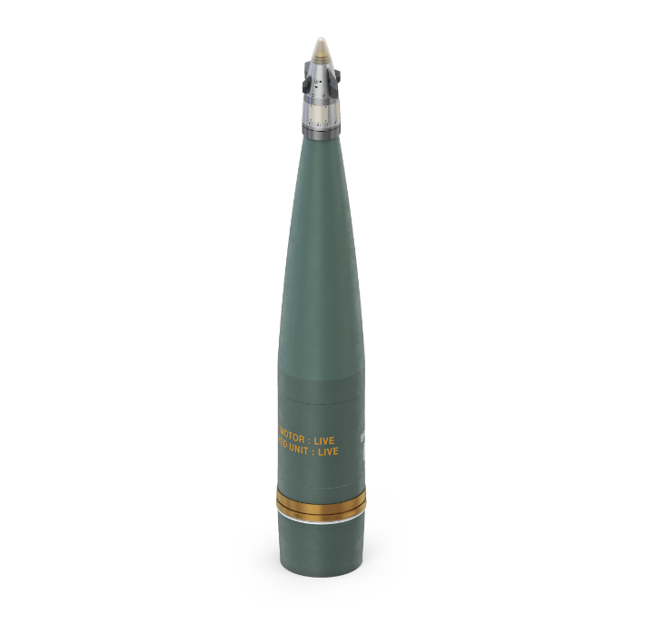 탄도수정신관이 적용된 155mm 탄약 모델링 이미지. 한화에어로스페이스 제공 