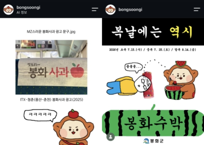 봉숭이의 봉화군 농특산물 홍보 게시글. 인스타그램 '@bonsoongi' 캡처