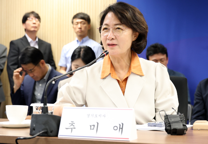 추미애 경기지사가 14일 오후 서울 종로구 대한민국시도지사협의회 대회의실에서 열린 제61차 정기총회에서 모두 발언하는 모습. 경기도 제공