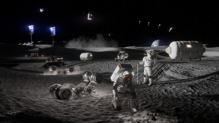 미국 항공우주국(NASA)이 공개한 달 남극 문베이스 구상도. 우주인과 로버, 전력·화물 시스템 등이 장기 유인 탐사를 지원하는 모습이 담겼다. NASA 제공