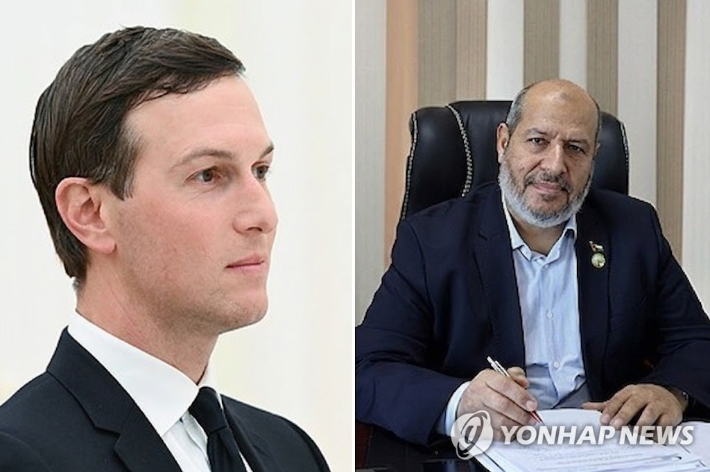 재러드 쿠슈너 미 중동 특사(왼쪽)와 하마스 수장 칼릴 알 하이야 [EPA·AFP 연합뉴스 자료사진. 재판매 및 DB 금지] 연합뉴스