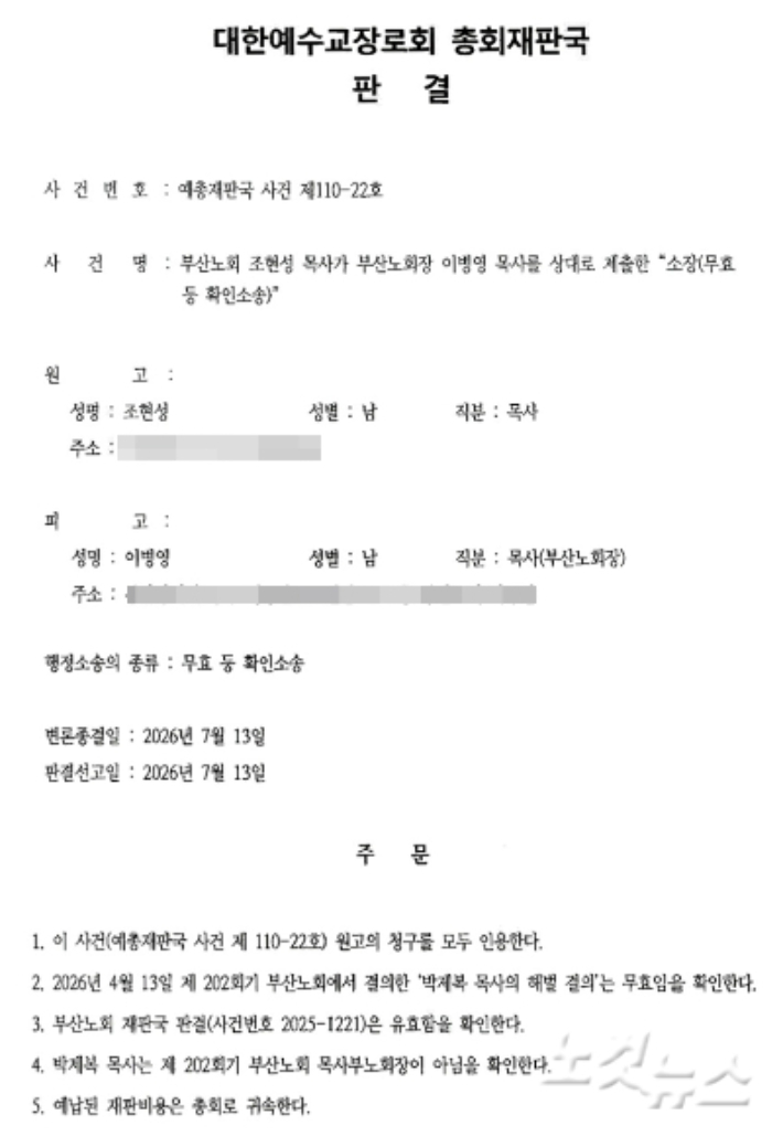 총회재판국 판결문. 자료사진