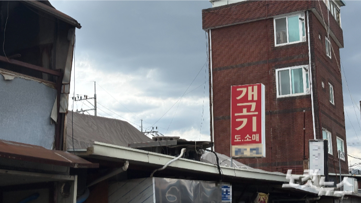 말복인 지난 14일 서울 동대문구 청량리 경동시장 보신탕골목의 한 가게 간판에 '개고기'라고 글씨가 크게 적혀 있다. 김하영 수습기자