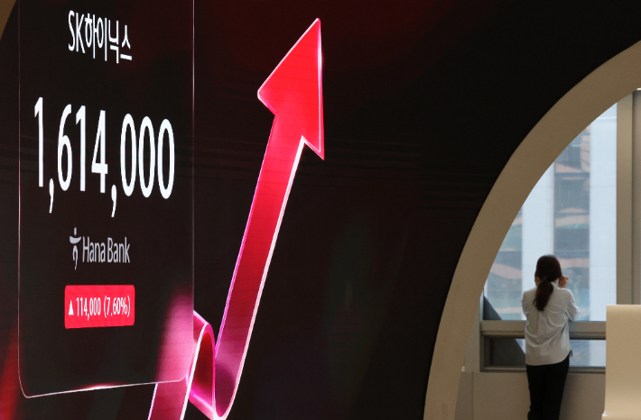20일 서울 중구 하나은행 본점 딜링룸 전광판에 SK하이닉스 주가가 표시돼있다. 연합뉴스