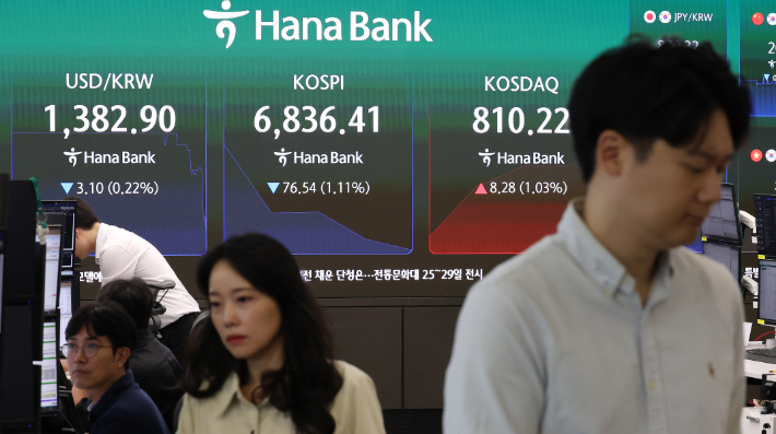 코스피가 소폭 하락세로 출발한 24일 서울 중구 하나은행 본점 딜링룸 현황판에 코스피와 코스닥, 원달러 환율이 표시돼 있다. 연합뉴스