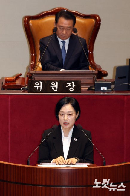 한성숙 국무총리가 24일 서울 여의도 국회에서 열린 예산결산특별위원회 전체회의에서 발언을 하고 있다