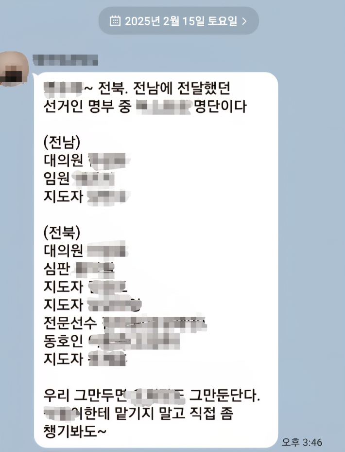 A씨가 지역 협회 측 관계자에게 보낸 일부 선거인 명단 내용. 독자 제공