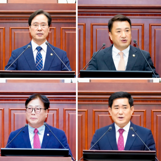 박정우(왼쪽 위부터 시계방향) 최재필 이경희 김태수 의원이 5분 자유발언을 하고 있다. 경주시의회 제공