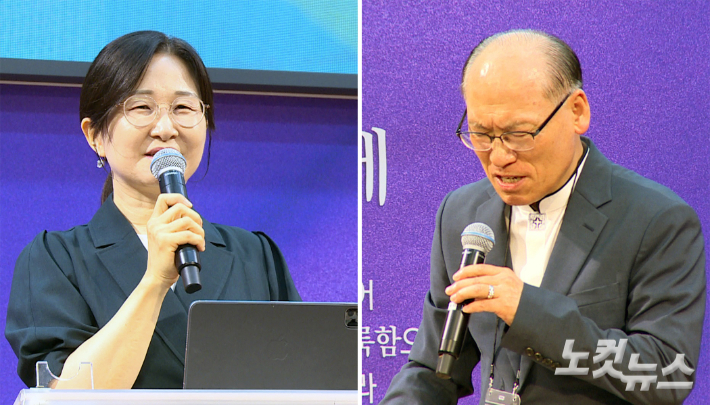 예장통합총회 문화법인 사무총장 손은희 목사(왼쪽)와 땅끝교회 안맹환 목사(오른쪽). 이강현 기자
