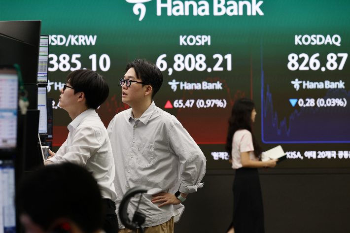 코스피가 전날보다 65.47포인트(0.97%) 오른 6808.21로 마감한 26일 서울 하나은행 본점 딜링룸에서 딜러들이 업무를 보고 있다. 연합뉴스