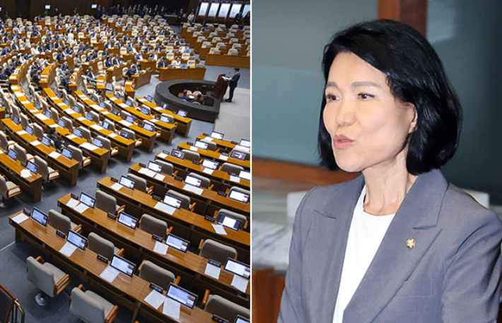 26일 국회에서 열린 본회의에서 국민의힘 이진숙 의원이 자신에 대한 제명 촉구 결의안이 상정되자 무기명 투표에 앞서 퇴장하고 있다. 연합뉴스