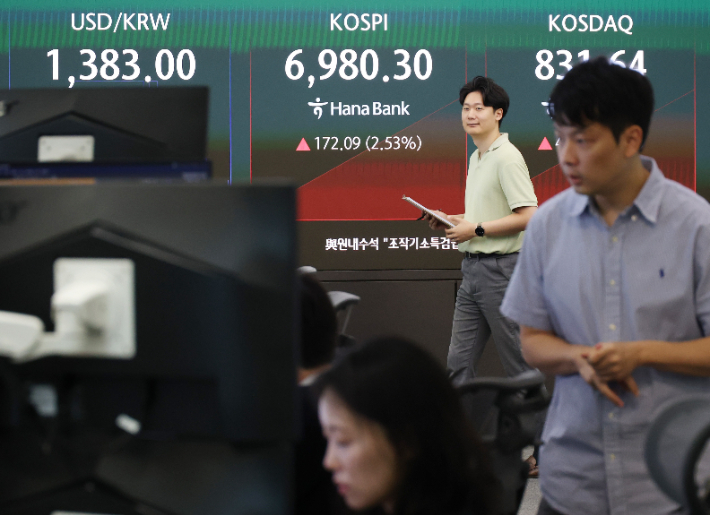 27일 중구 하나은행 본점 딜링룸 전광판에 실시간 코스피와 코스닥 지수, 원/달러 환율이 표시돼 있다. 연합뉴스