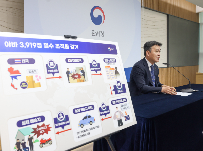 이종욱 관세청장이 27일 세종시 재정경제부 청사에서 마약수사 성과 브리핑을 하고 있다. 관세청 제공