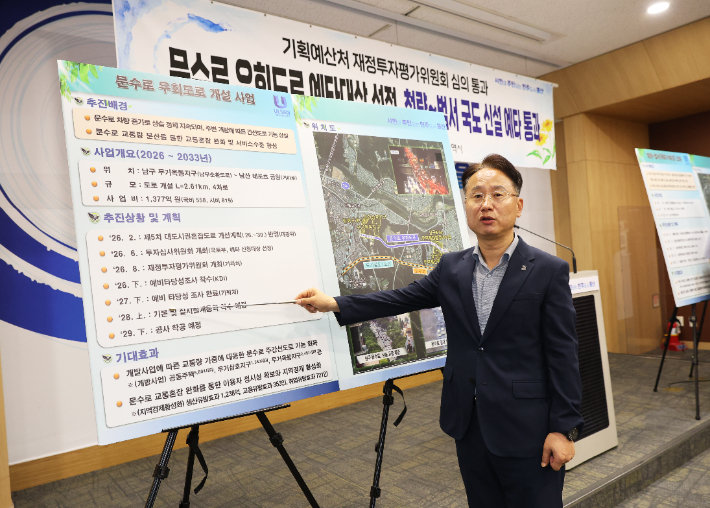 김종화 울산시 건설주택국장이 27일 울산시청 프레스센터에서 문수로 우회도로 예비타당성 대상 선정에 대한 언론 브리핑을 하고 있다. 울산시 제공