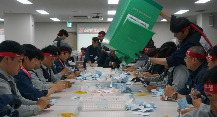 전국금속노조 현대중공업지부 집행부는 8월 27일 쟁의행위 찬반투표함을 열어 개표를 하고 있다. HD현대중공업 노동조합 제공