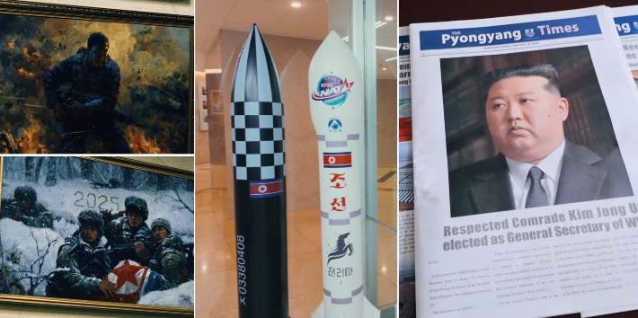 왼쪽부터 우크라전 참전 북한군인 그림과 미사일 풍선 기념품, 호텔 내부 영자신문. Alex Losev 유튜브 캡처