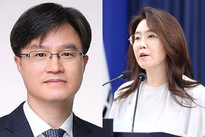 손봉기 대구지방법원 부장판사, 오른쪽은 28일 청와대 기자회견장에서 대법관 후보자 관련 브리핑을 하는 강유정 수석대변인. 연합뉴스