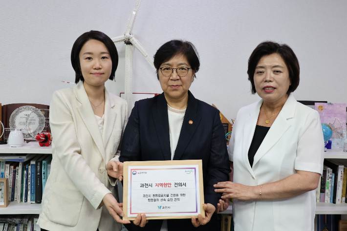 (왼쪽부터)이소영 국회의원, 정은경 보건복지부 장관, 신계용 과천시장. 이 의원실 제공