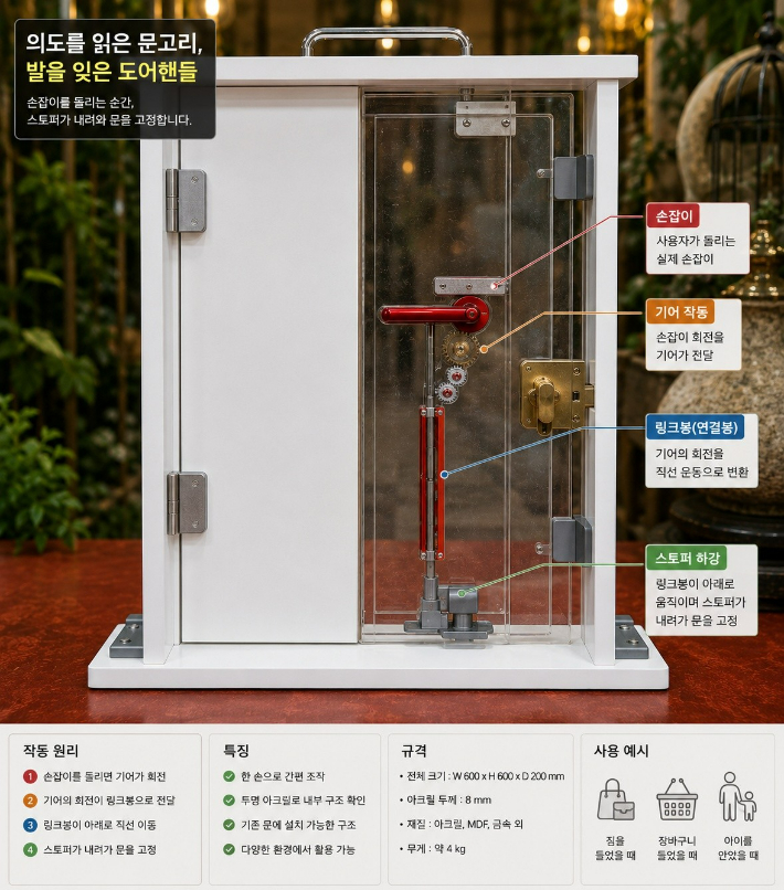 '의도를 읽은 문고리, 발을 잊은 도어핸들'은 45도 이내로 문손잡이를 돌리면 문만 열리고, 70도 이상 돌리면 스토퍼가 내려가 문이 고정된다. 울산광역시교육청 제공