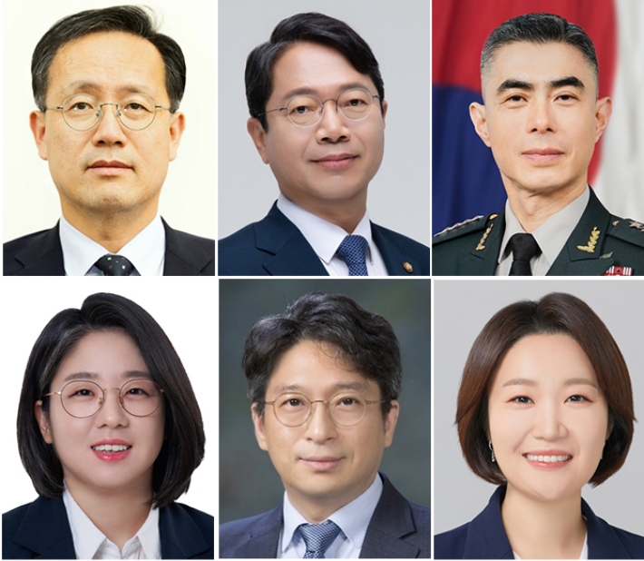 청와대는 이재명 대통령이 30일 경제부총리 겸 재정경제부 장관을 포함한 6곳의 장관 후보자를 지명했다고 밝혔다. 윗줄 왼쪽부터 재정경재부 장관 후보로 지명된 이형일 1차관, 법무부 장관 후보로 지명된 더불어민주당 김승원 의원, 국방부 장관 후보로 지명된 강신철 전 연합사 부사령관. 아랫줄 왼쪽부터 성평등가족부 장관 후보로 지명된 기본소득당 용혜인 의원, 국토부 장관 후보로 지명된 홍지선 2차관, 중소벤처기업부 장관 후보로 지명된 민주당 이소영 의원. 청와대 제공