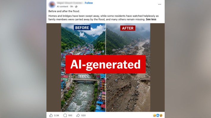 페이스북의 참사 전후 비교 자료에 AI 생성 콘텐츠 딱지를 붙인 모습. AAP 홈페이지 캡처