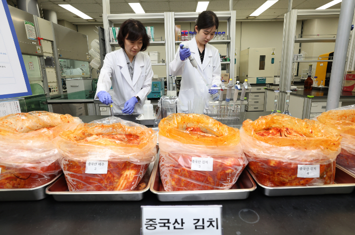 보건환경연구원 연구원들이 중국산 김치 포름알데히드 시험을 하고 있다. 연합뉴스 