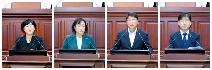 손윤희(좌측부터), 박지우, 김영철, 주동열 의원이 5분 자유발언을 하고 있다. 경주시의회 제공