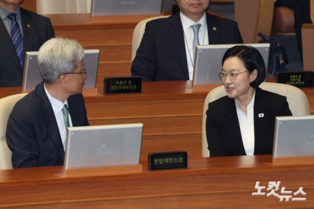 1일 서울 여의도 국회에서 열린 제439회 국회(정기회) 개회식에서 한성숙 국무총리와 김상환 헌법재판소장이 대화를 하고 있다.