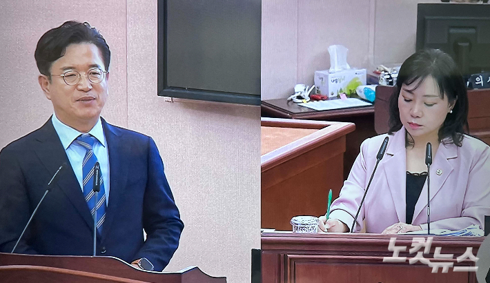 김민숙 대전시의원(사진 오른쪽)이 2일 대전시의회에서 열린 본회의에서 허태정 대전시장에게 3칸 굴절버스 사업과 관련해 질문을 하고 있다. 정세영 기자