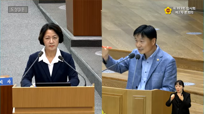 2일 경기도의회 본회의장에서 열린 제393회 임시회 2차 본회의 도정질문에서 더불어민주당 김태희(안산2·사진 오른쪽) 의원과 추미애 경기지사의 도정질문 생중계 화면 캡처