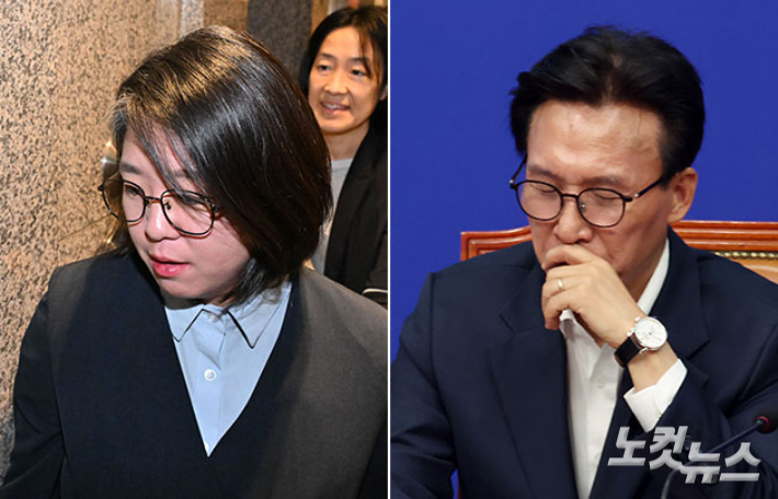 용혜인 성평등가족부 장관 후보자(왼쪽)와 더불어민주당 김민석 대표. 류영주 기자·윤창원 기자