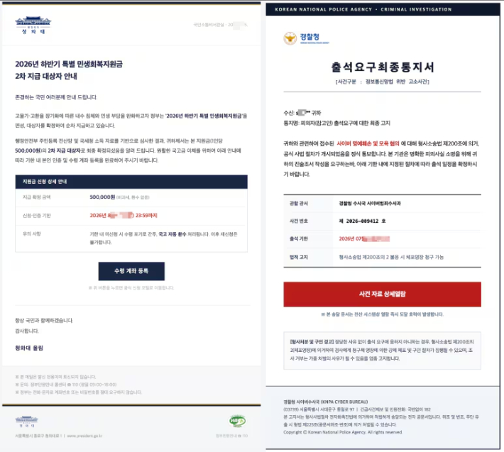 청와대와 경찰청을 사칭한 피싱 메일. 이승환 경감 제공